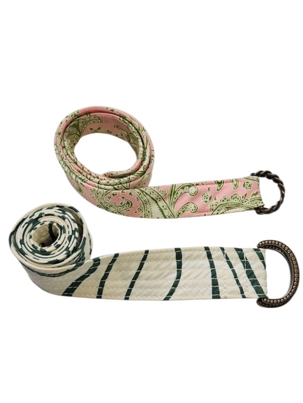 J. Crew Fabric Belts- Set Of 2 Pink Paisley + Cream Stripe with Antique Buckles - Picture 1 of 13